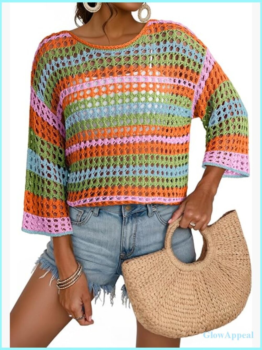 Crochet Hollow Out Striped Sweater 3/4 Sleeve Oversized Beach Cover Up
